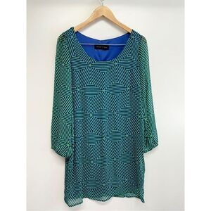 Peaches N Cream Dress Womens Size Medium Green Blue Long Sleeve Geometric Print